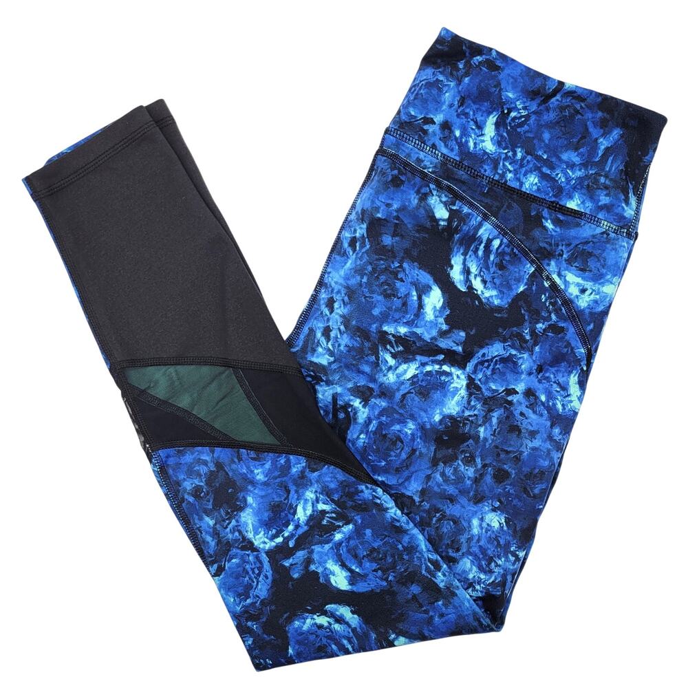 Glyder Leggings Women's Medium Blue Floral Mid Rise Mesh Pocket Performance Yoga